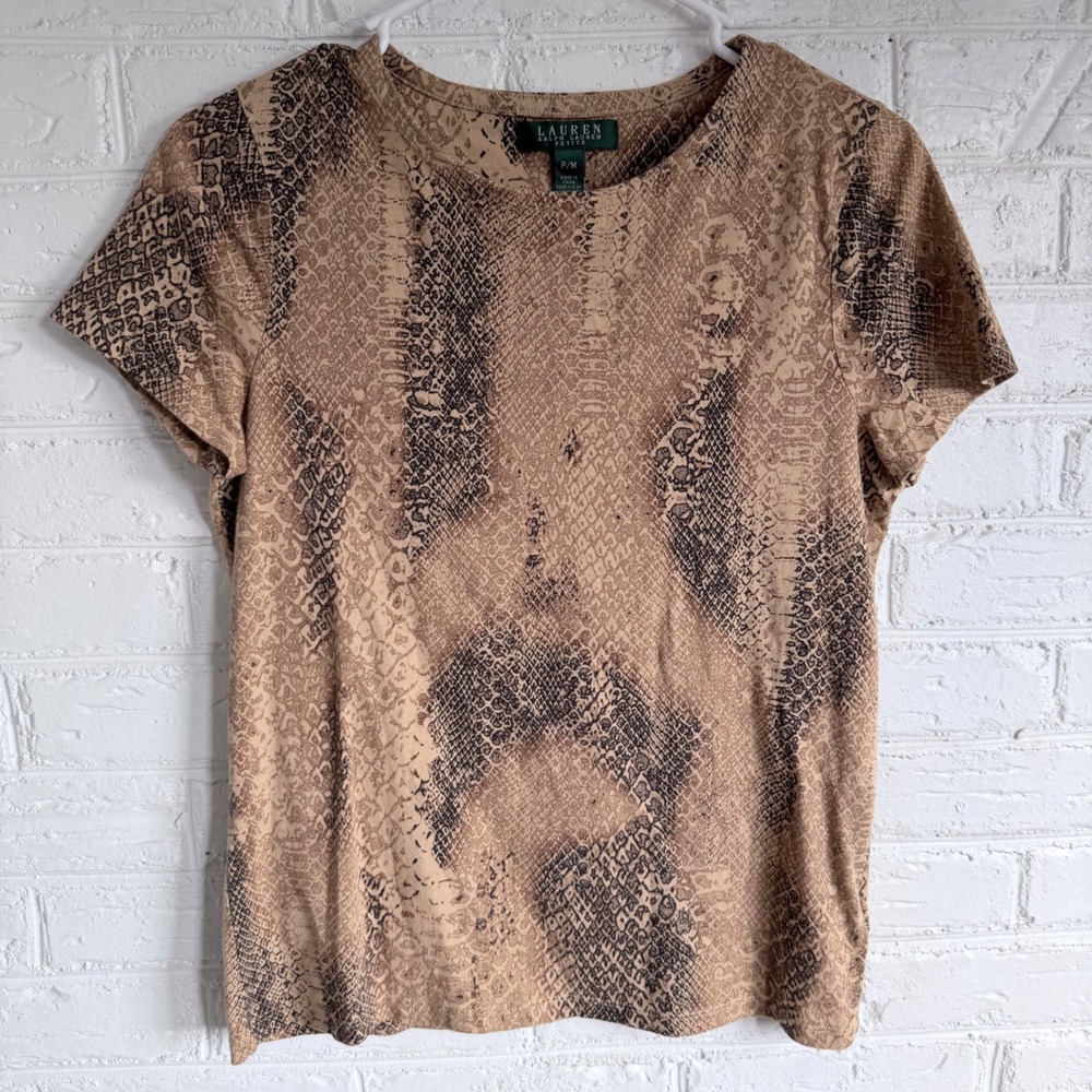 Lauren Ralph Lauren Petite Snake Print Short Sleeve T Shirt Top Beige Brown P/M‎